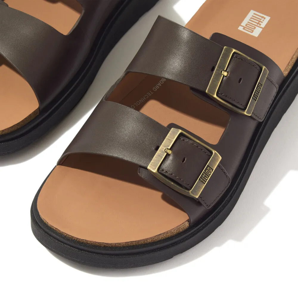 Fitflop Gen FF Buckle Two Bar Leather Slides Mens Chocolate Brown