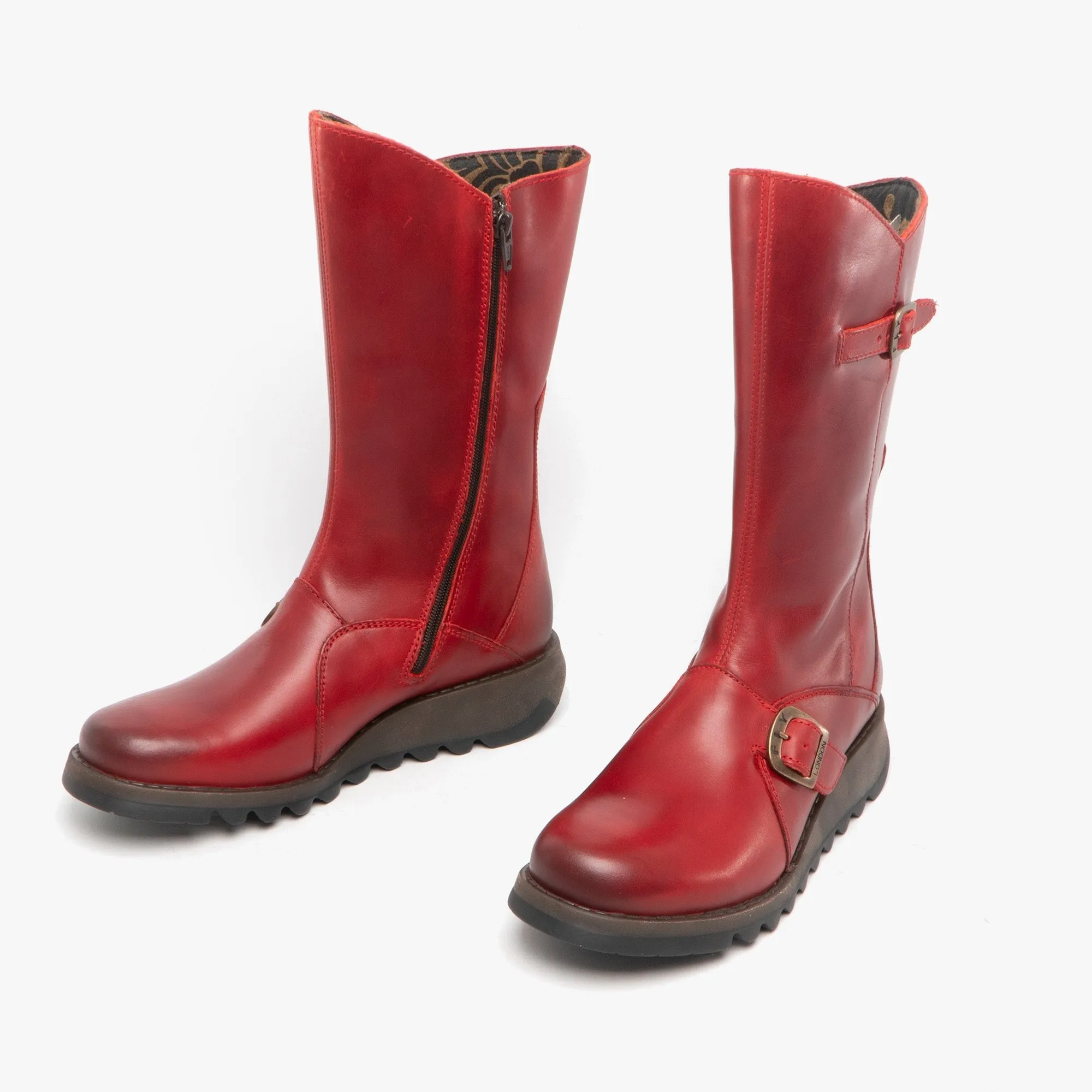 Fly London MES 2 Womens Leather Zip Up Mid-Calf Boots Red