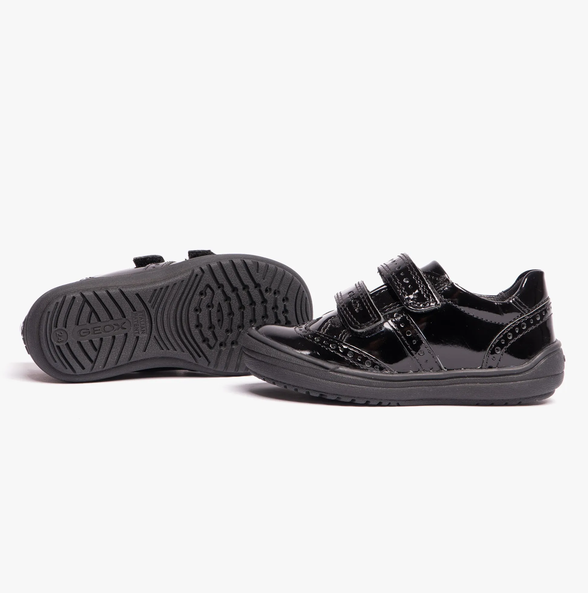 GEOX HADRIEL G G Girls Leather Touch Fasten School Shoes Patent Black