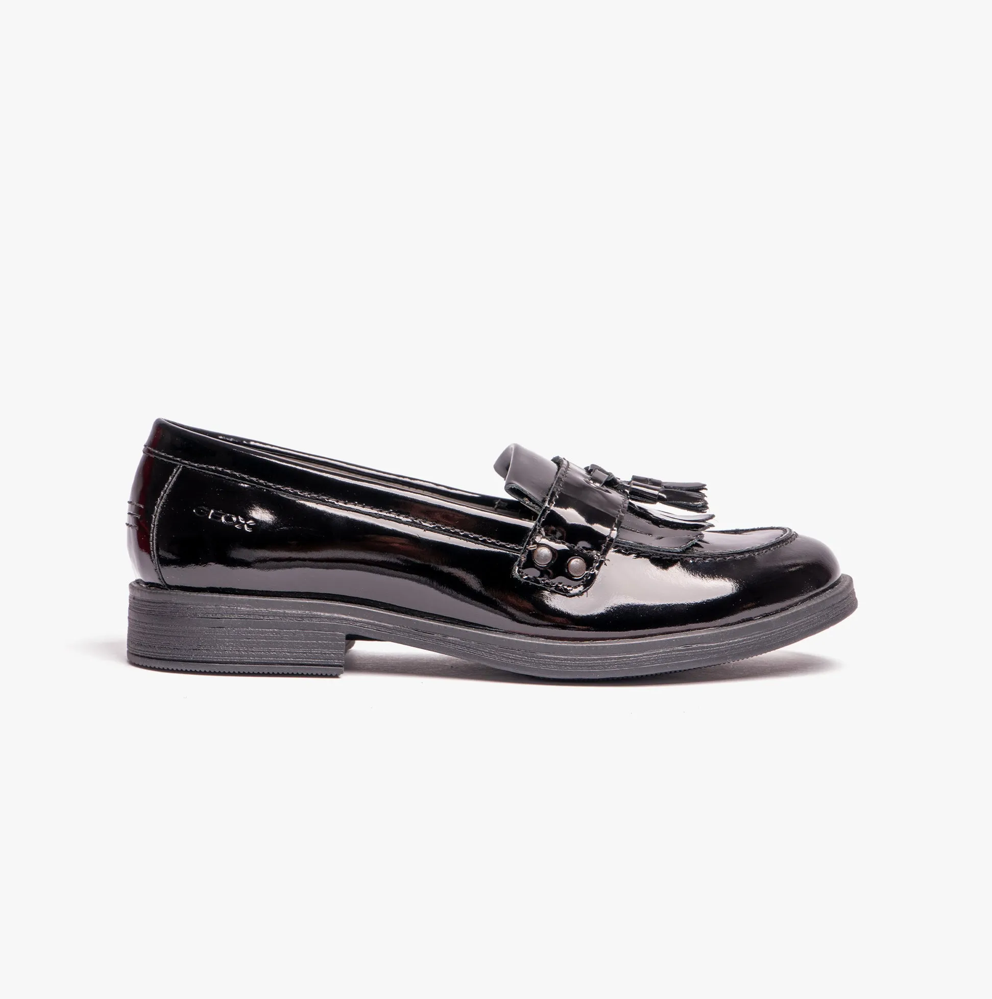 GEOX JR AGATA Girls Moccasin Tassel School Shoes Patent Black