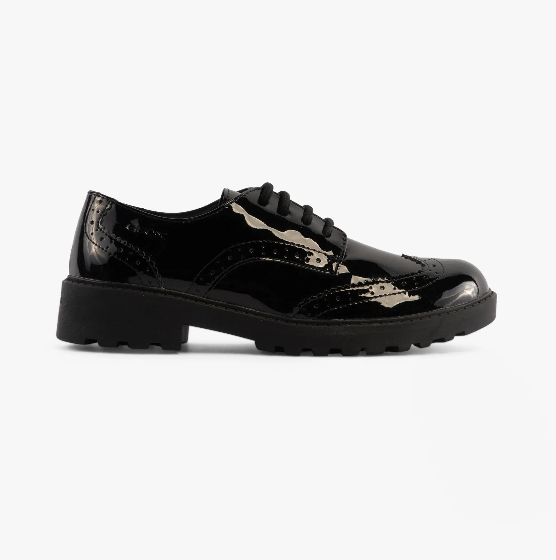 GEOX JR CASEY Girls Patent Brogue School Shoes Black