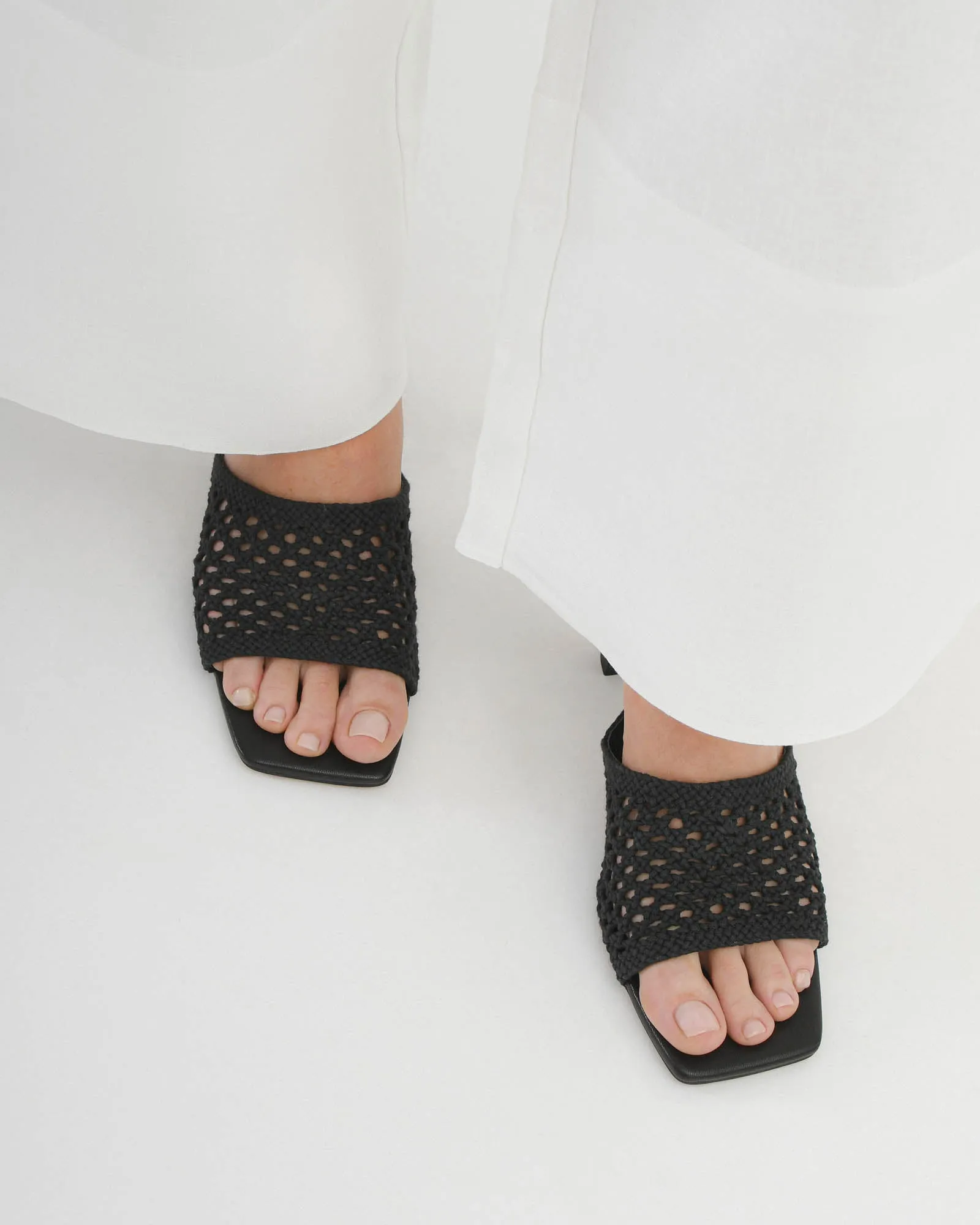 JORDYN MID HEEL SANDALS BLACK TEXTILE Jo Mercer