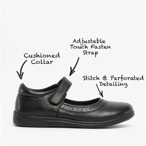 Roamers ELSA Girls Leather Touch Fasten Mary Jane Shoes Black