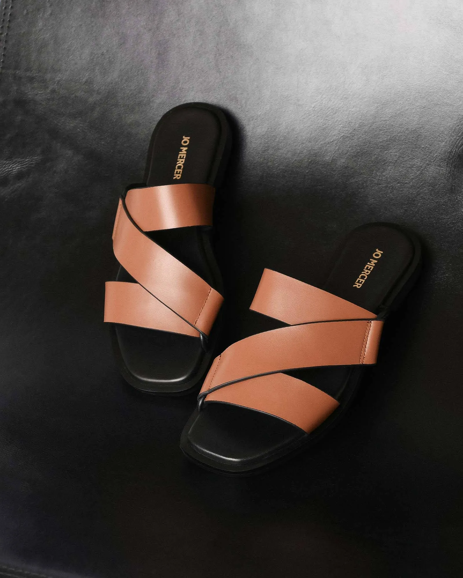 SHELBY FLAT SLIDES DARK TAN LEATHER Jo Mercer