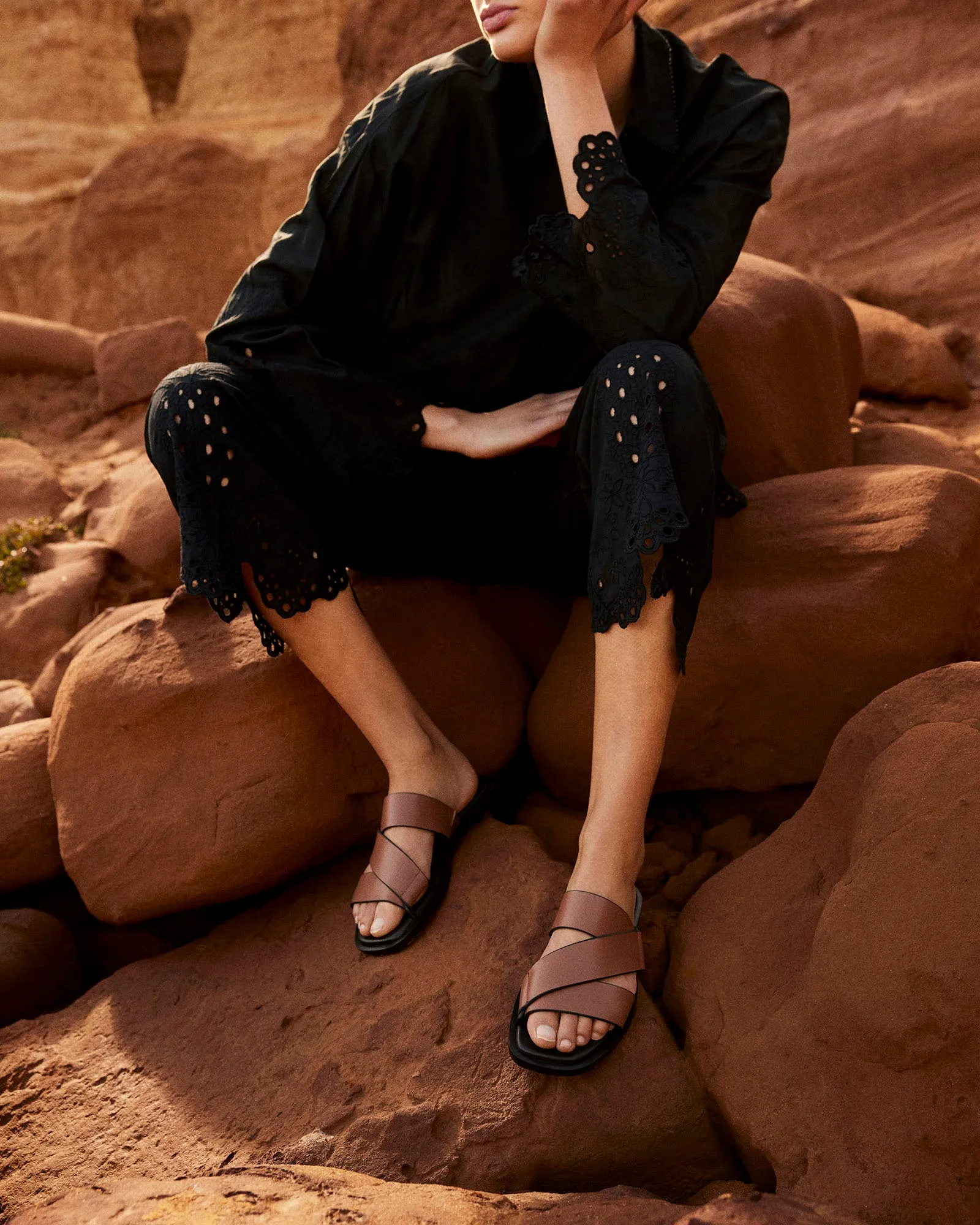 SHELBY FLAT SLIDES DARK TAN LEATHER Jo Mercer