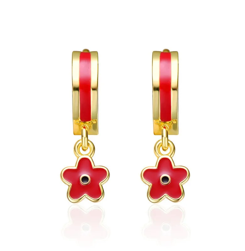 Toddlers/Kids 14k Gold Plated Dangle Flower Red Enamel Earrings